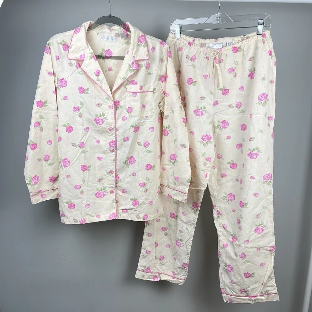 Vintage Lord & Taylor Pajama Set Womens M Yellow Pink Rose Floral 2 Pc Cottage‎